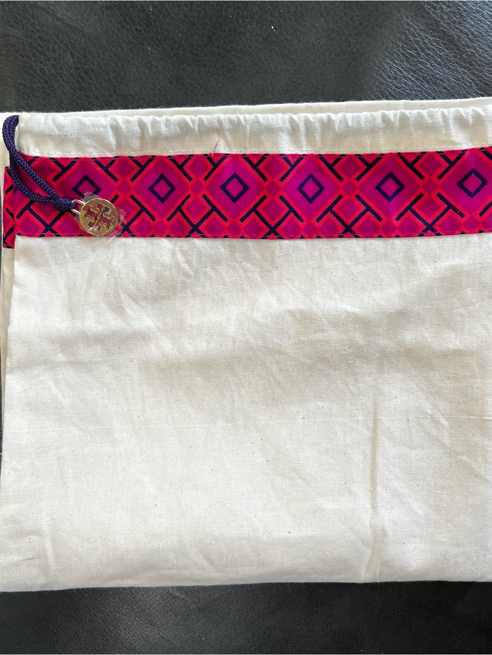 Tory Burch Pink and Purple Geometric Drawstring Dust Bag with Gold Logo Charm